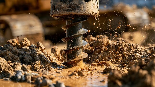 Awesome photo of industrial earth auger drilling into wet soil.