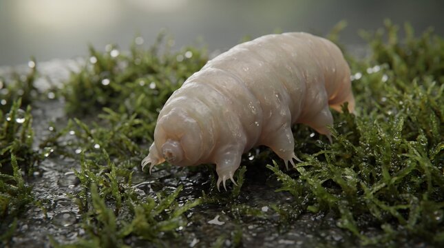 Detailed 3D render of tardigrade water bear microorganism crawling on green moss macro
