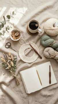 Flat lay overhead view of a crochet collar or yoke project with yarn skeins, wooden hooks, open notebook, pen, scissors, coffee mug, buttons, and dried flowers on linen