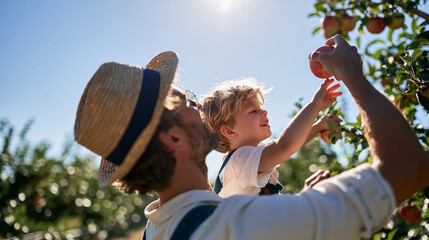 Naklejka premium A european father and child picking apples together seen from behind reaching up into the branches bright clear sky overhead sunlit orchard rows warm family bonding moment apple