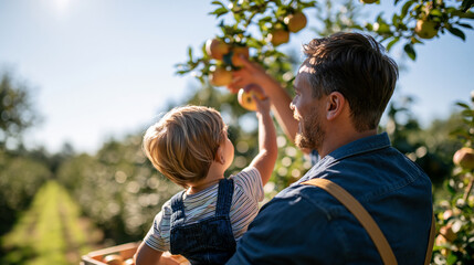 Naklejka premium A european father and child picking apples together seen from behind reaching up into the branches bright clear sky overhead sunlit orchard rows warm family bonding moment apple
