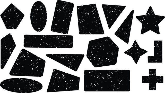 Vintage Grunge Geometric Shapes Set. Black Textured Stamp Frames, Badges, and Abstract Silhouette Elements Vector