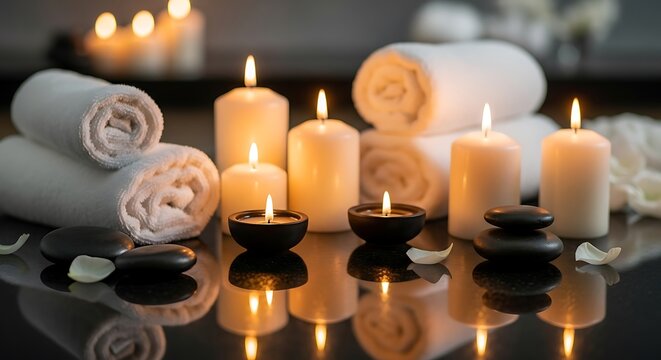 Serene spa ambiance with lit candles, rolled towels, and smooth stones, perfect for relaxation and wellness retreats