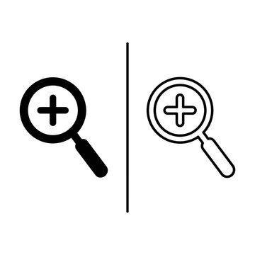 Zoom in search plus magnifying glass outline and black fill icon set with magnifying