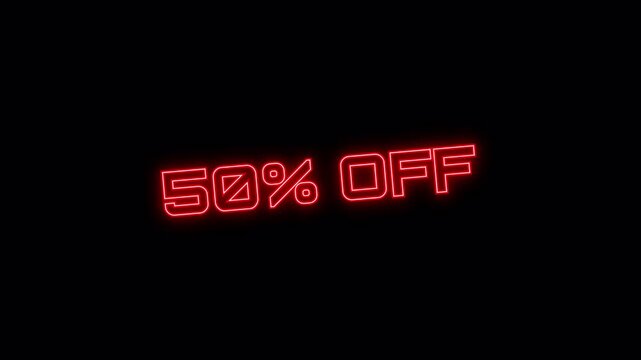 Bright red neon sign displaying fifty percent off text for a retail sale event