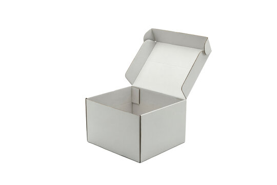 Open white corrugated cardboard shipping box with hinged lid, empty interior container for product packaging isolated on a transparent background