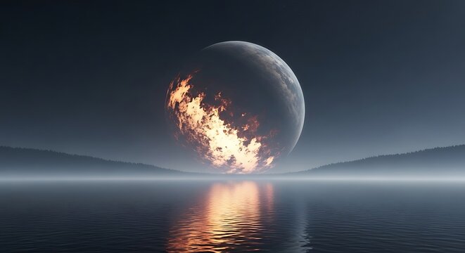 Surreal digital art of a burning crescent moon on fire reflecting on calm water