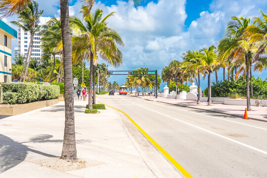 Seafront beach promenade with palm trees on a sunny day in Fort Lauderdale
