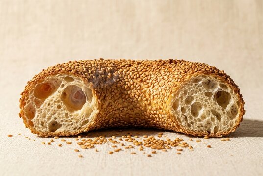 Sesame crust bread loaf with airy crumb on neutral background