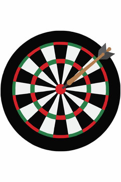 Hand drawn vector illustration of a classic dartboard with colorful red and green number rings and a wooden arrow striking the bullseye, perfect for sports themes