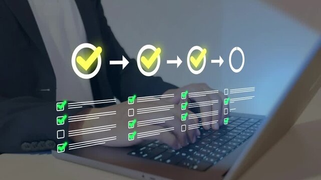 Digital task management with checkmark, workflow optimization and project planning. Document review and business process automation concept. 