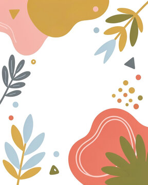 A whimsical, abstract artistic composition on a clean white background, featuring a harmonious arrangement of organic shapes and botanical elements