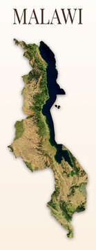 Malawi Shaded Relief Map. Hillshaded physical terrain map illustration. Light background with title. Illustration elements derived from NASA Imagery and NASADEM Global Elevation Model.