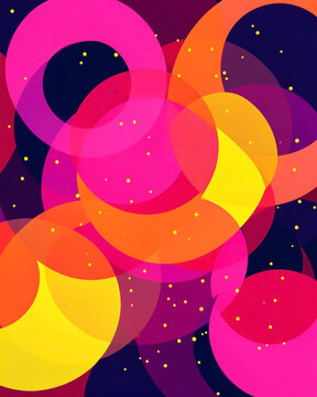 An abstract digital composition featuring a vibrant, multi-layered background of overlapping circles and irregular rounded shapes