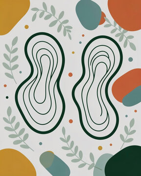 An abstract, flat vector illustration featuring a harmonious arrangement of organic, flowing shapes and botanical elements on a light gray background