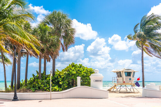 Seafront beach promenade with palm trees on a sunny day in Fort Lauderdale