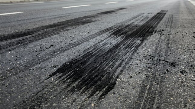 Parallel Black Tire Friction Marks Burned onto Dark Asphalt Surface Showing Abstract Rubber Texture and Drag Lines tire skid mark asphalt road street dark gray texture background rubber trace brake