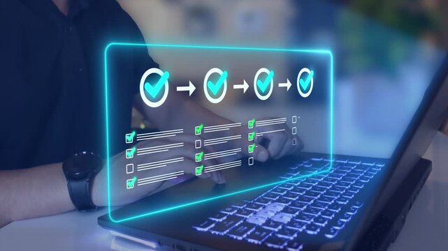 Digital task management with checkmark, workflow optimization and project planning. Document review and business process automation concept. 