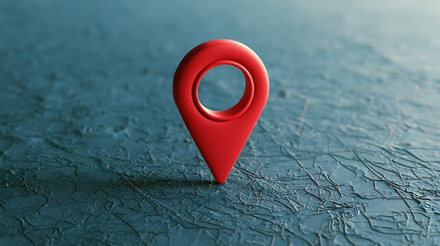 Awesome photo of red 3d location pin icon on a textured blue surface.