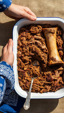 Pulled beef in roasting pan with bone marrow
