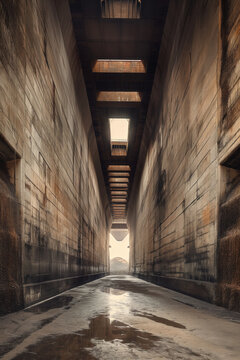 architecture by ai, mighty empty drydock in giant shipyard, narrow wet passage between towering rusted walls, photorealistic
