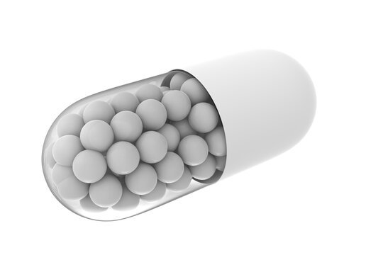 3D render of a white transparent medical capsule filled with small spheres or granules. Set of isolated medical pill illustrations from different camera angles, perfect for pharmaceutical design, heal