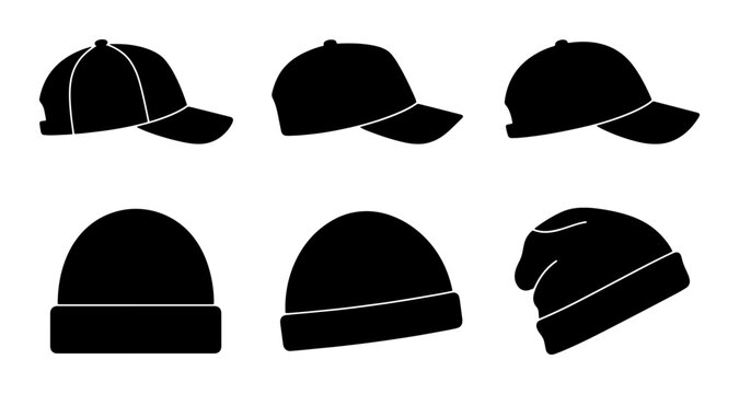 Six Black Silhouette Hats, Baseball Caps and Beanies, Headwear Icons for Fashion and Apparel Design