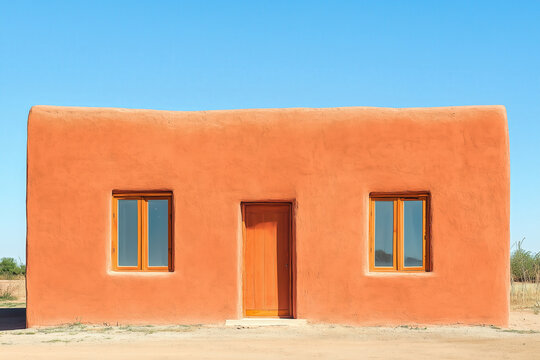architecture by ai, orange adobe house with two blue windows and central wooden door, minimalist front view, photorealistic