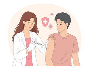 Fototapeta premium Doctor Administering a Vaccine Injection to a Patient, Vaccination and Immunization for Disease Prevention and Healthcare Protection Concept, Flat Vector Illustration.