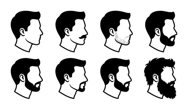 Diverse Male Beard Styles Collection, Vector Icons Set: Clean Shaven to Full Beard, Moustache Variations, Grooming & Styling Concepts