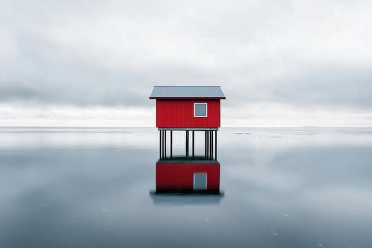 architecture by ai, red beach hut on stilts in the middle of calm reflective sea, minimalist house, photorealistic