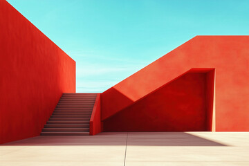 architecture by ai, red minimalist concrete building with stairs, angular walls and doorway beneath blue sky, photorealistic