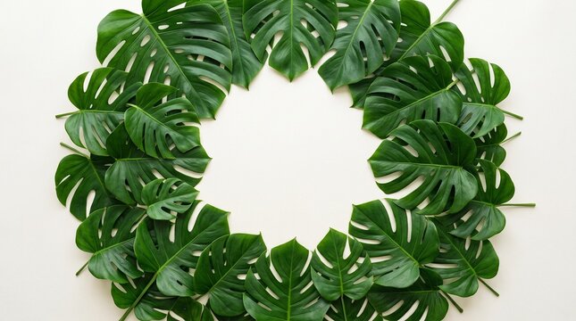Tropical monstera leaf wreath on white background, green palm leaves circular frame, exotic foliage border for summer design