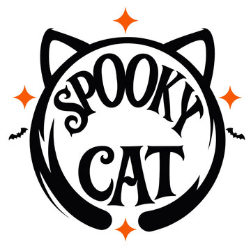 Spooky cat circular badge design framed by cat ears and stars with black cat silhouette halloween cat feline silhouette spooky text cat illustration halloween vector cute cat