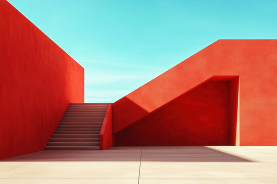 architecture by ai, red minimalist concrete building with stairs, angular walls and doorway beneath blue sky, photorealistic