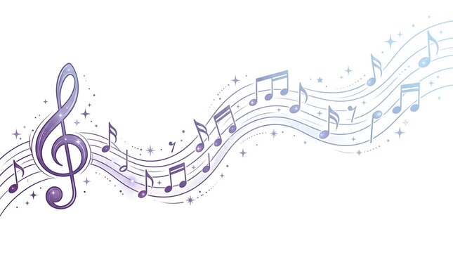 Elegant Purple Musical Notes and Treble Clef Swirls on a Flowing Staff Composition for Artistic Melodic Backgrounds