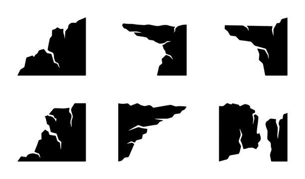 Black Silhouette Cliff Edge Vector Icons, Rocky Mountain Peaks Set, Dramatic Landscape Elements, Natural Terrain Graphics
