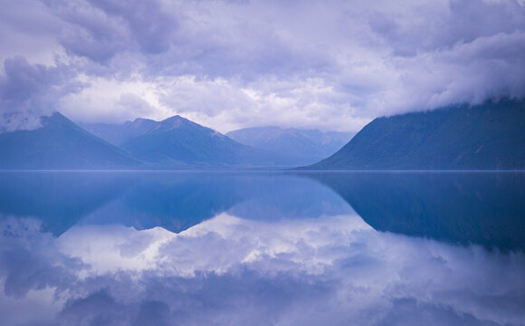Anchorage Alaska summer seascape and mountains at Turnagain Arm bay on a foggy rainy morning