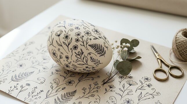 Minimalist Easter Celebration Design with Delicate Floral Ink Illustration Patterns Decorating Egg Surface for Seasonal Wrapping Papereaster egg easter botanical ink drawing black ink flowers