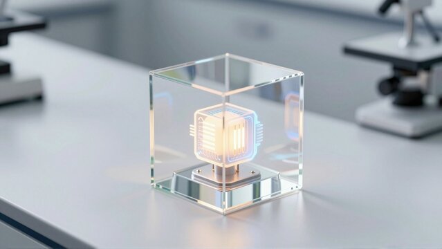 Glowing quantum processor displayed inside a transparent cube in futuristic research laboratory