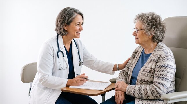 Caring female doctor reassures elderly patient during medical consultation in a bright clinic setting