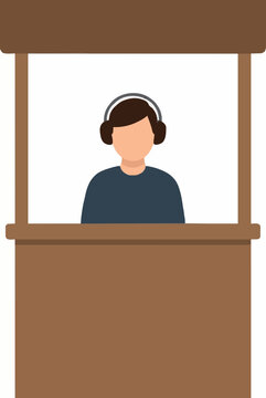 Hand-traced vector icon illustration of a faceless person wearing black headphones inside a brown wooden translation interpreter booth, isolated on white background, flat minimalist design style