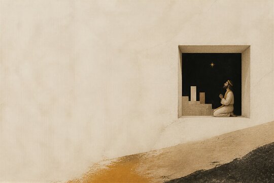 Man praying toward a star through a window in an ancient Babylonian setting. Biblical story of Daniel showing faith, devotion, hope, and spiritual perseverance with copy space.