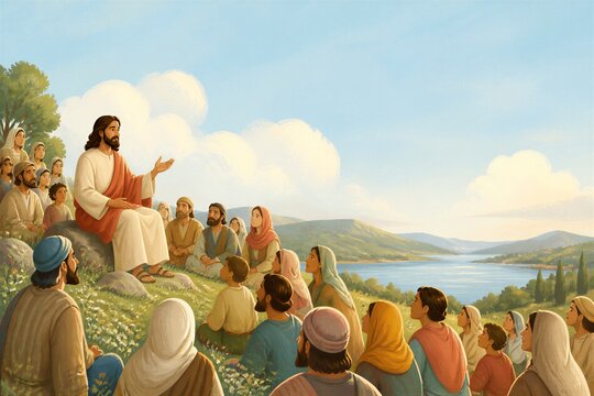Jesus teaching a crowd on a mountain beside a lake. Biblical story of faith and spiritual guidance. Colorful children illustration with copy space for religious education.
