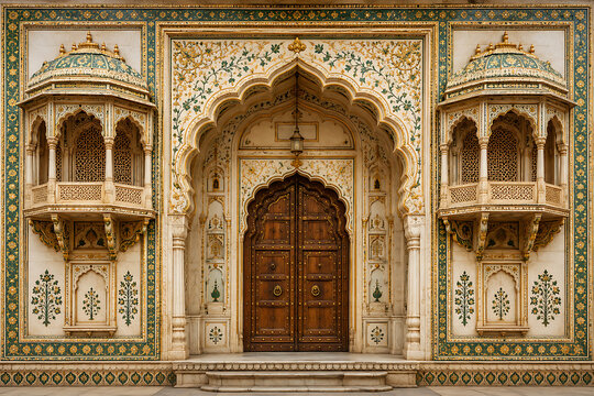Symmetrical elevation of a historic haveli entrance, highlighting an elaborate multi-foil central arch