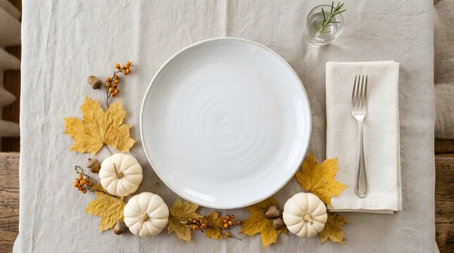A beautifully set thanksgiving table complete with a pristine white plate elegant silverware and a charming autumnal floral arrangement eagerly awaiting a festive meal
