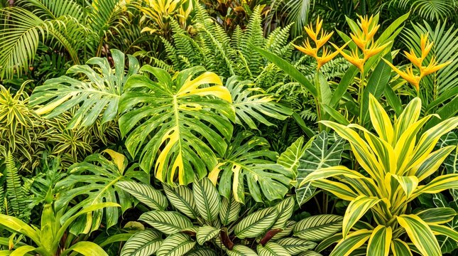 Tropical monstera leaves and exotic jungle plants. Lush green foliage with yellow variegation. Botanical garden background for nature design.
