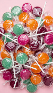 Colorful lollipops on a pink background