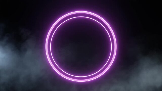 Glowing purple neon circle frame with smoke effect on black background.