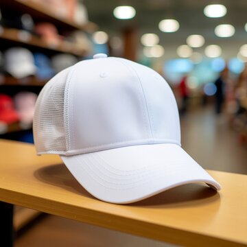 Blank white baseball cap sitting on a wooden shelf in a retail store.